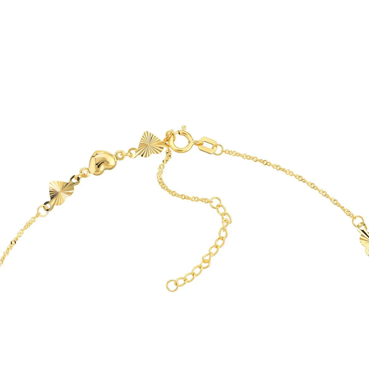 14K Yellow Gold Polished and Fluted Hearts Adjustable Anklet