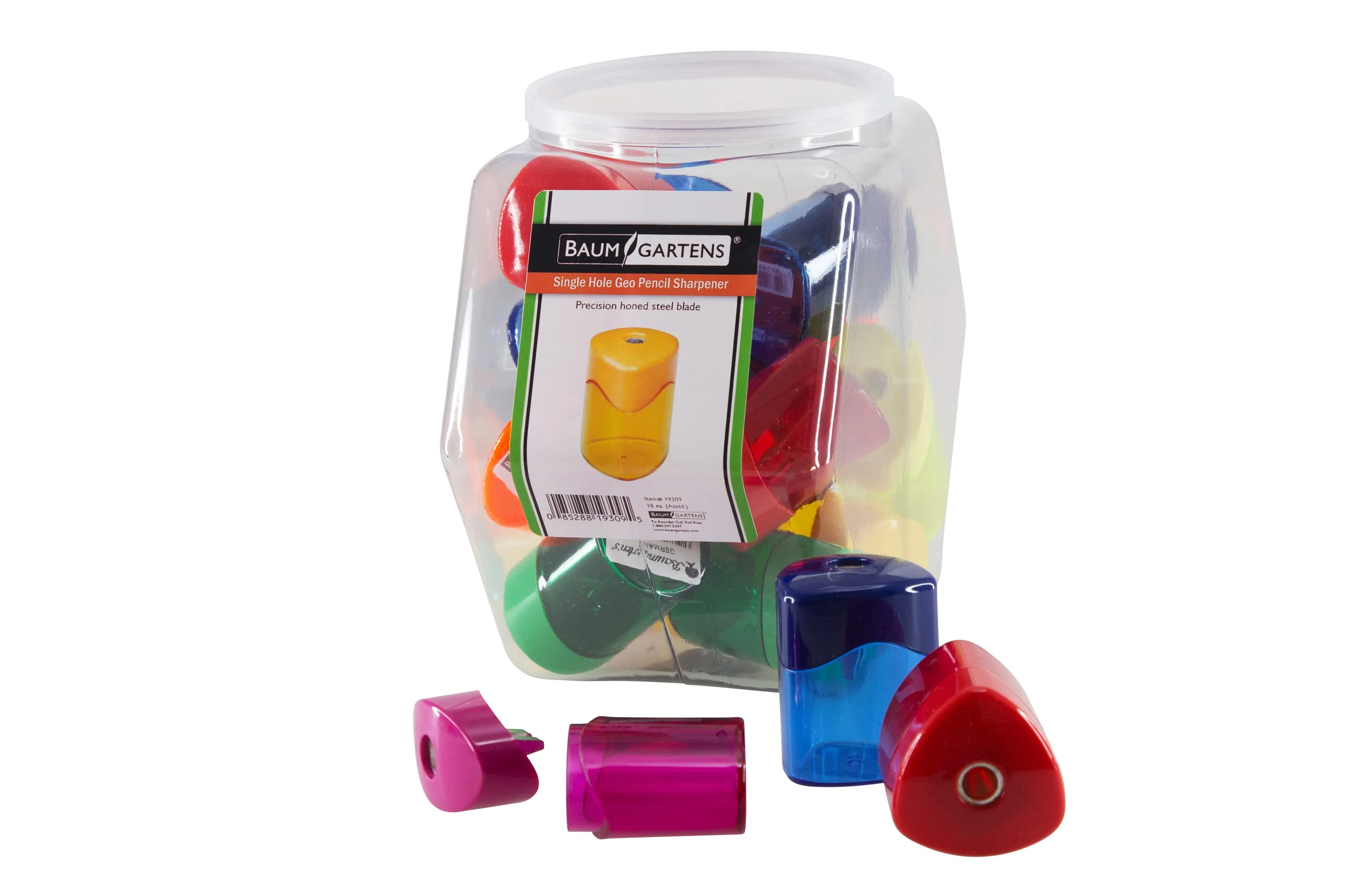 Baumgartens Pencil Sharpeners Geo Rondo Single Hole Hexagonal Tub Display of 18 ASSORTED Colors (19309)