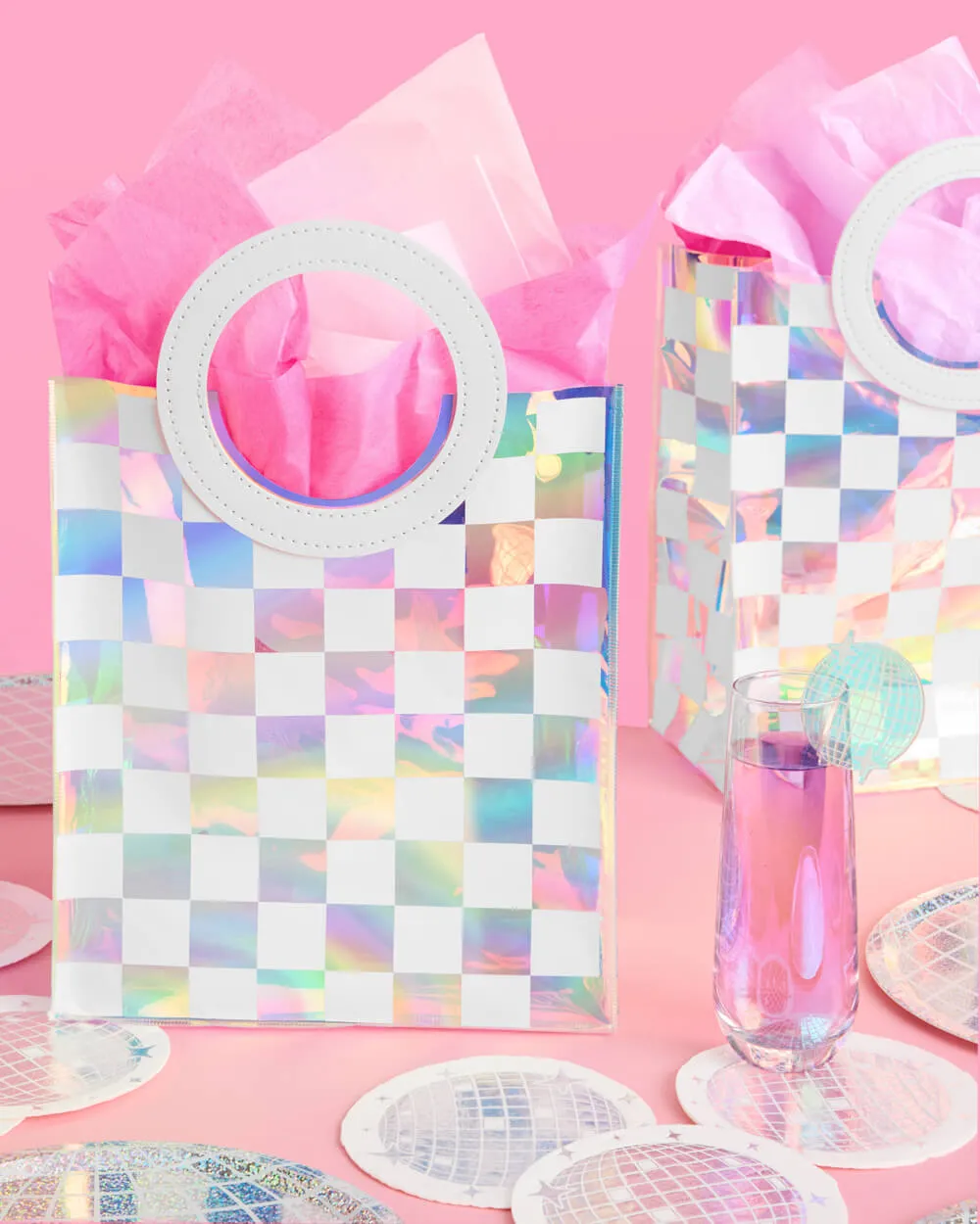 Checked Out Bags - 6 white   clear iridescent bags