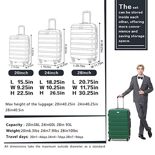 Coolife Luggage 3 Piece Set Suitcase Spinner Hardshell Lightweight TSA Lock (orange)