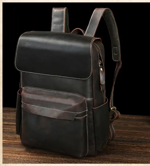 Crazy Horse Leather Men Backpack Men Full Grain Leather School Backpack Retro Travel Backpack