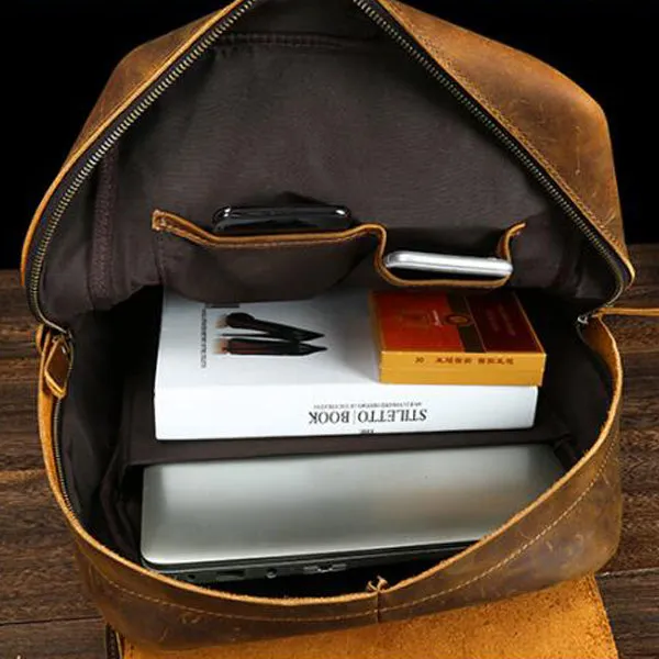 Crazy Horse Leather Men Backpack Men Full Grain Leather School Backpack Retro Travel Backpack