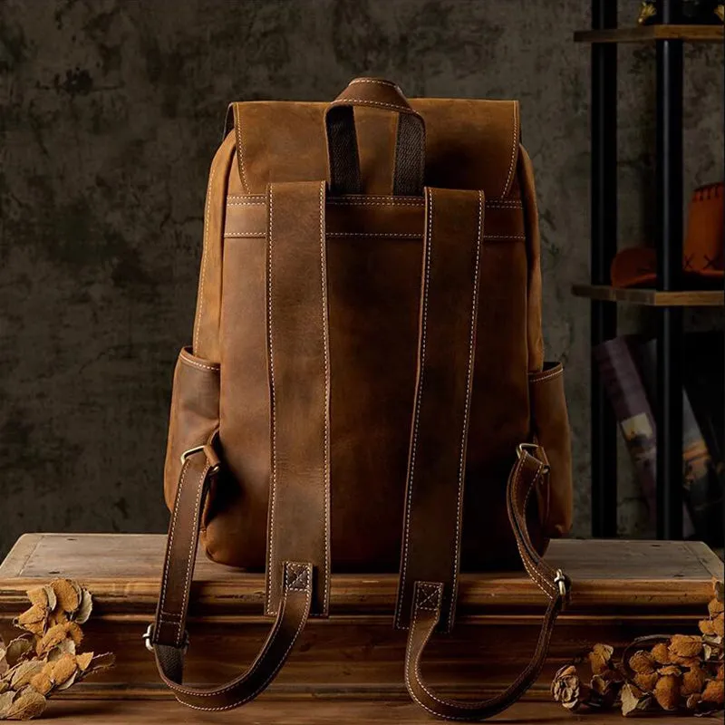 Crazy Horse Leather Men Backpack Men Full Grain Leather School Backpack Retro Travel Backpack