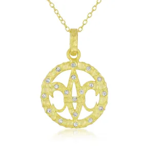 Cz .925 Sterling Silver Gold Plated Fleur De Lis Round Drop Pendants