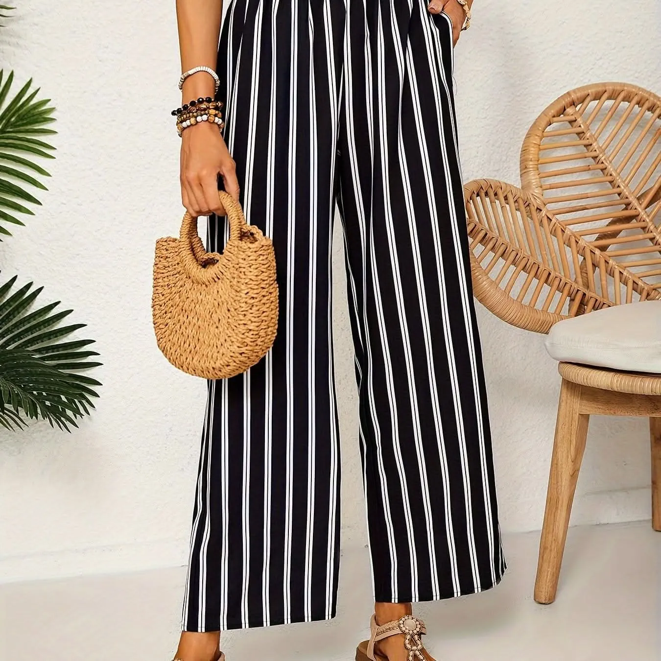 Elegant Striped WideLeg Pants  Paper Bag Waist