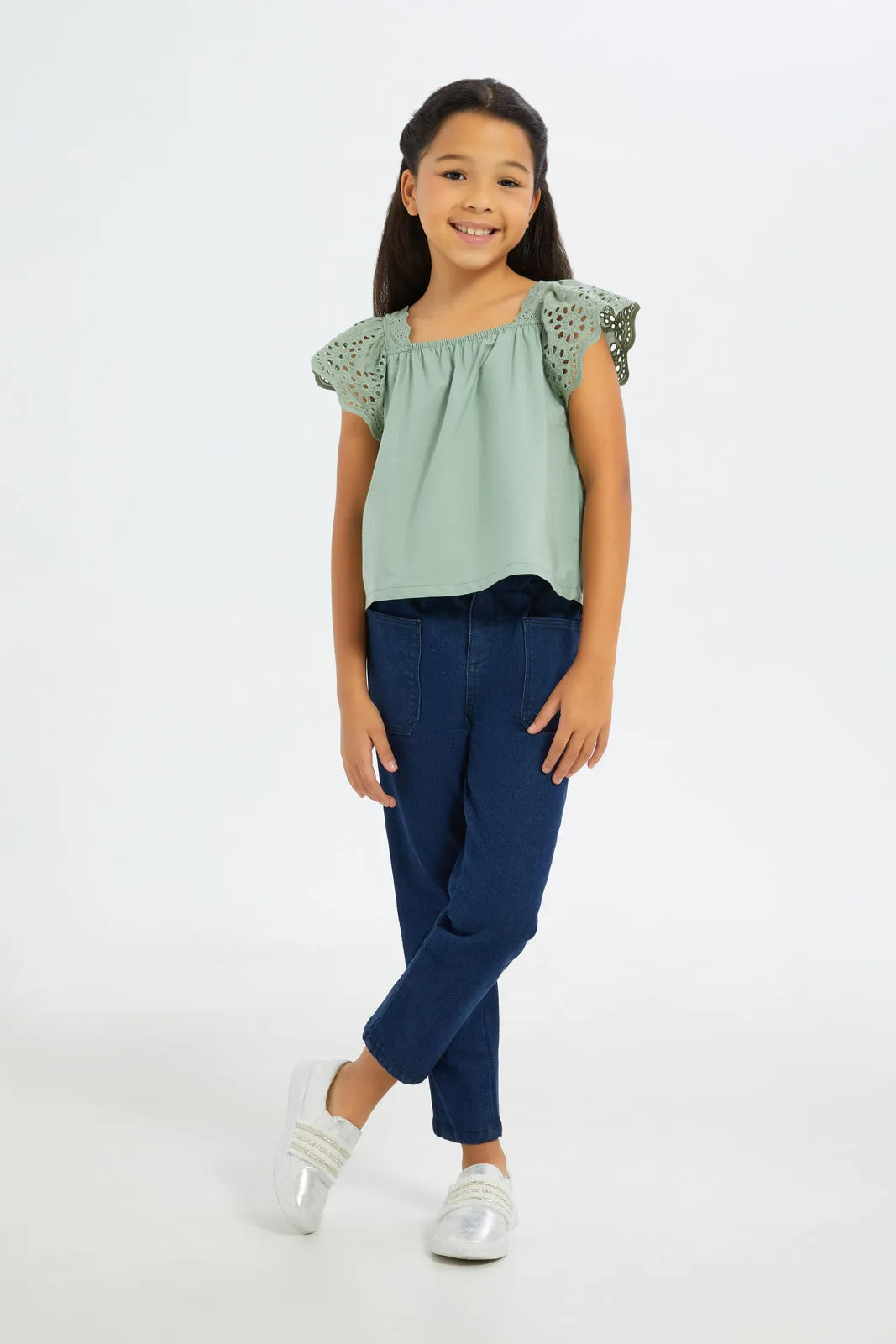 Girls Navy Paper Bag Jeans With Pockets