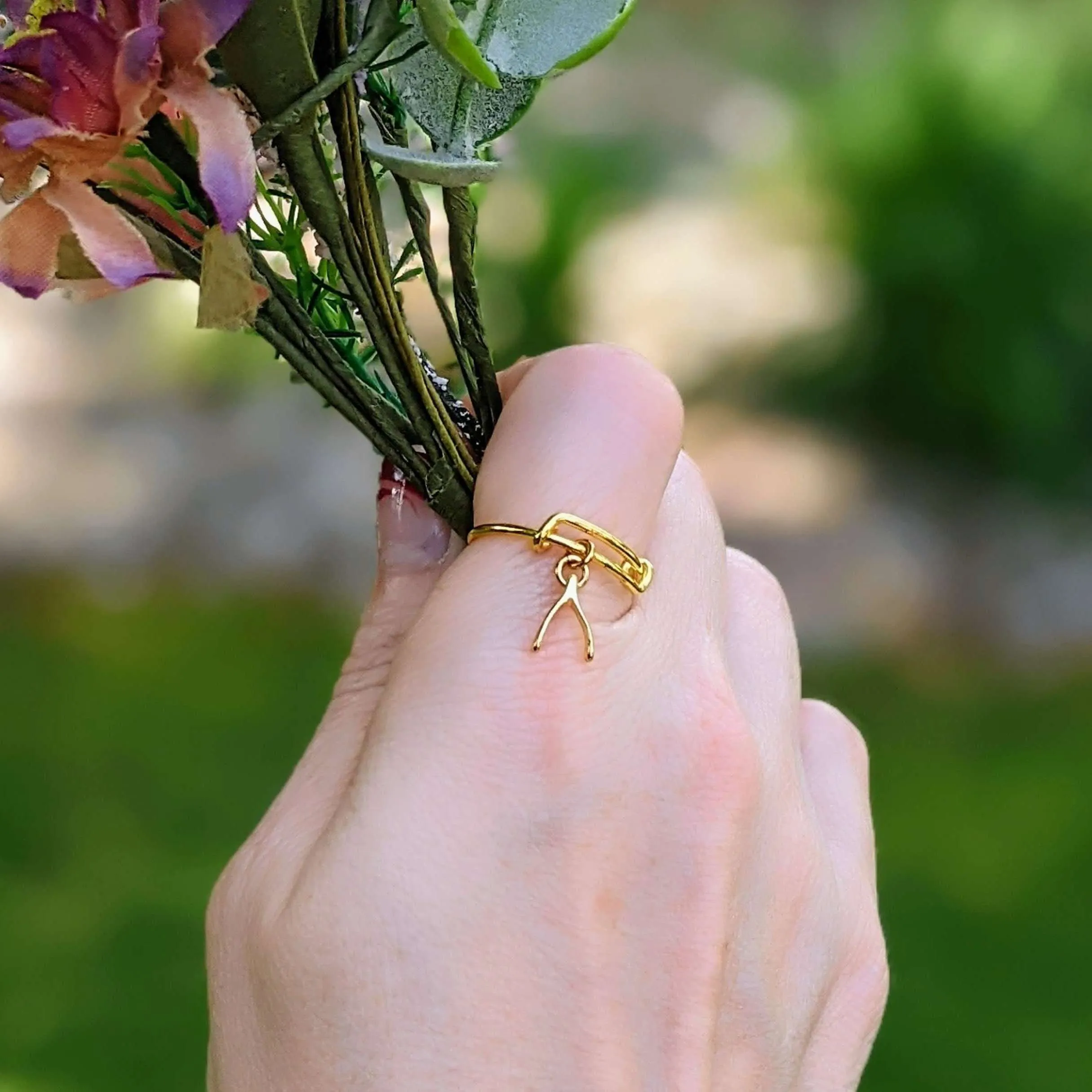 Gold Wishbone Expandable Charm Ring