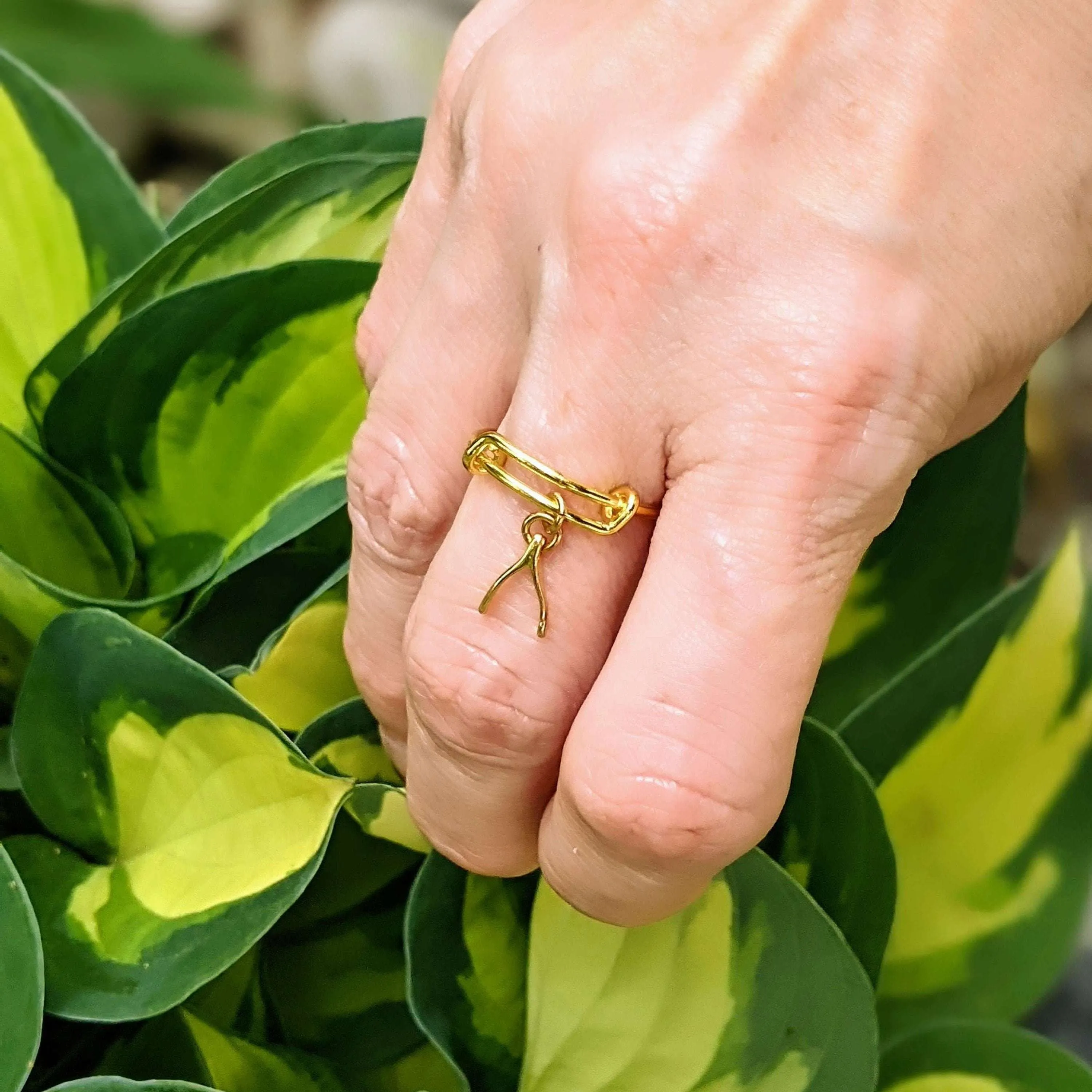 Gold Wishbone Expandable Charm Ring