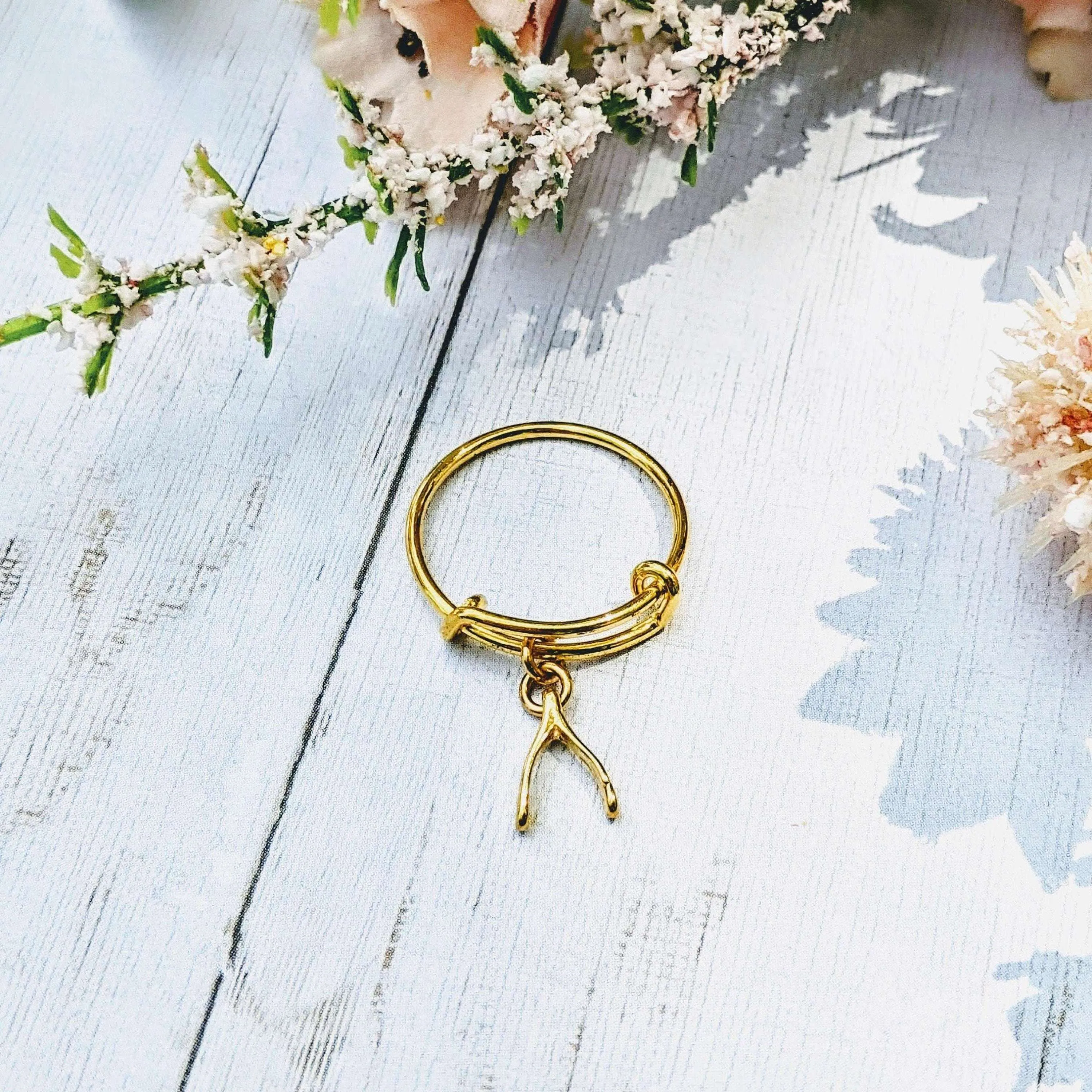 Gold Wishbone Expandable Charm Ring