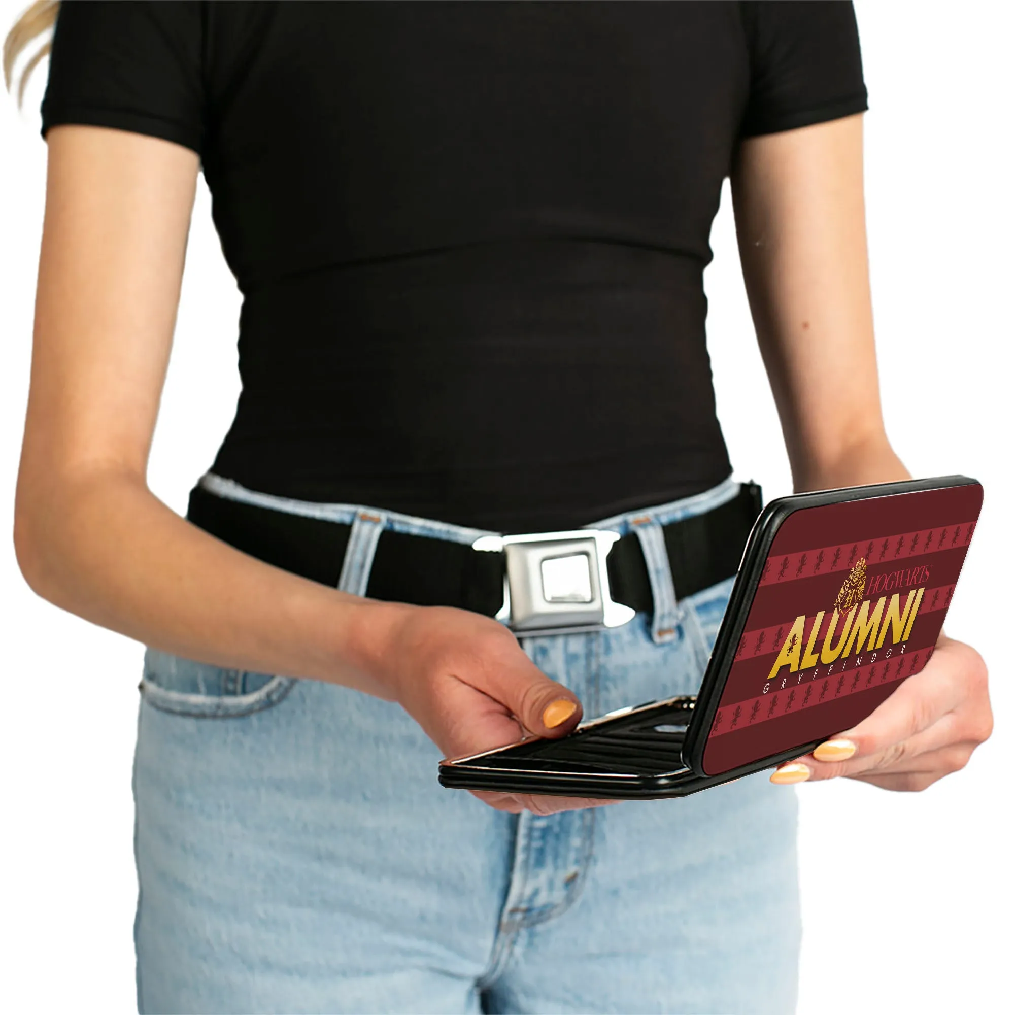 Hinged Wallet - HOGWARTS ALUMNI GRYFFINDOR   Initial Monogram/Lion Icon Stripe Burgundy Reds/Golds/White