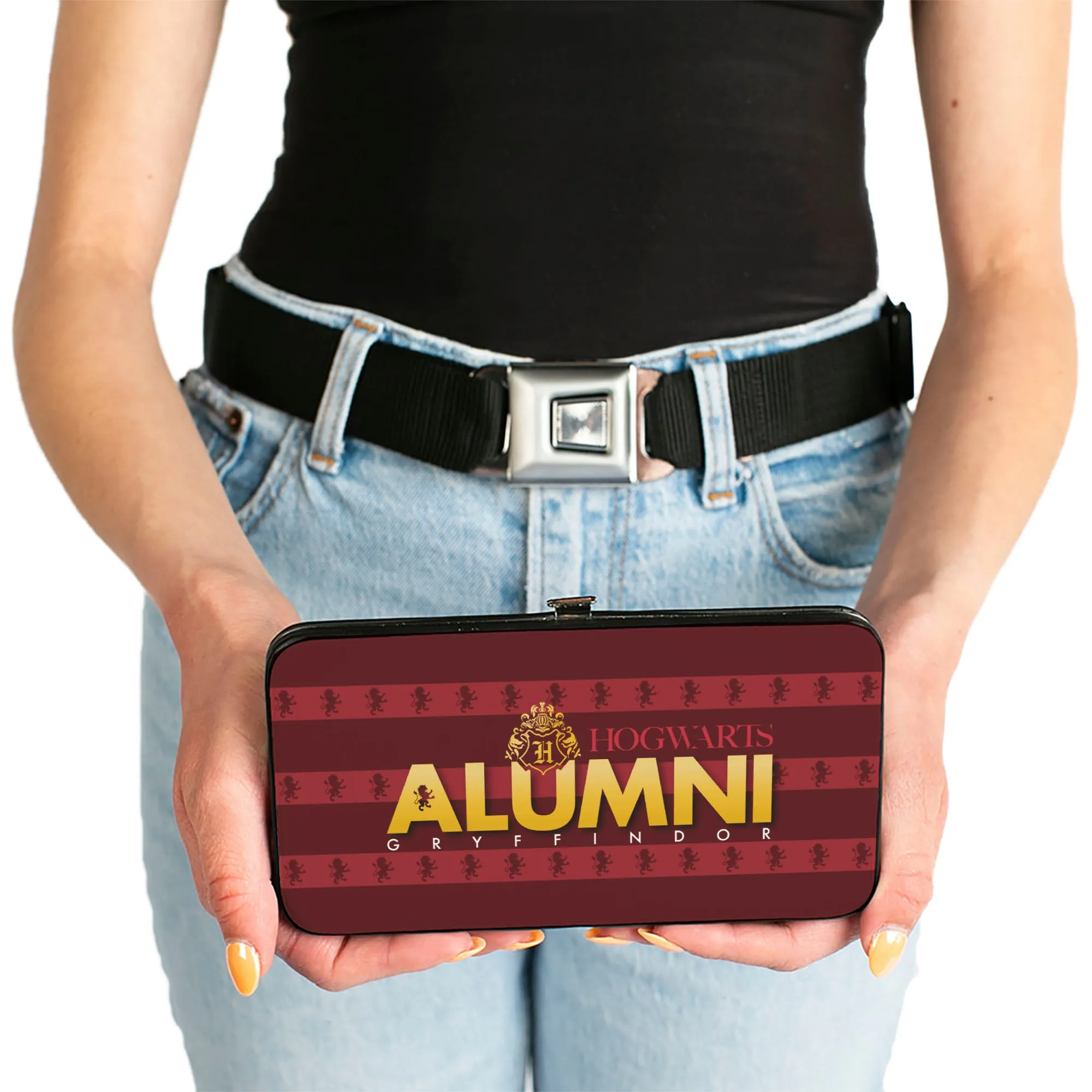 Hinged Wallet - HOGWARTS ALUMNI GRYFFINDOR   Initial Monogram/Lion Icon Stripe Burgundy Reds/Golds/White