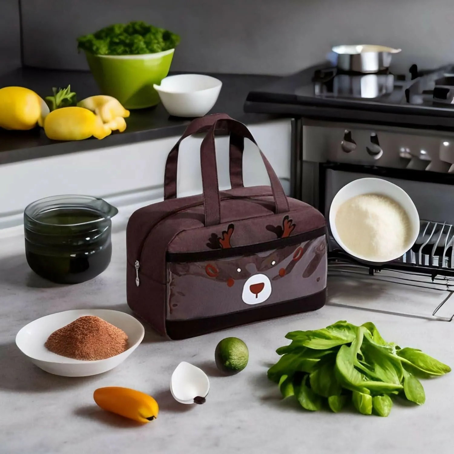 Lunch Carry Bag for Office & Picnic - Deer Design Tiffin Organizer Tote for Men, Women, Kids (Brown, 30x19x14 cm)