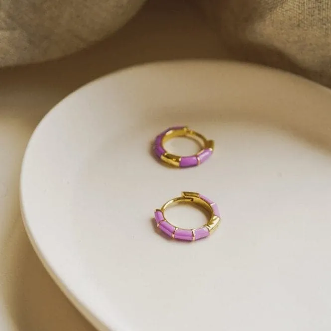 Purple Stripe Huggie Hoop 18ct Gold Plated Earrings EE02_GP