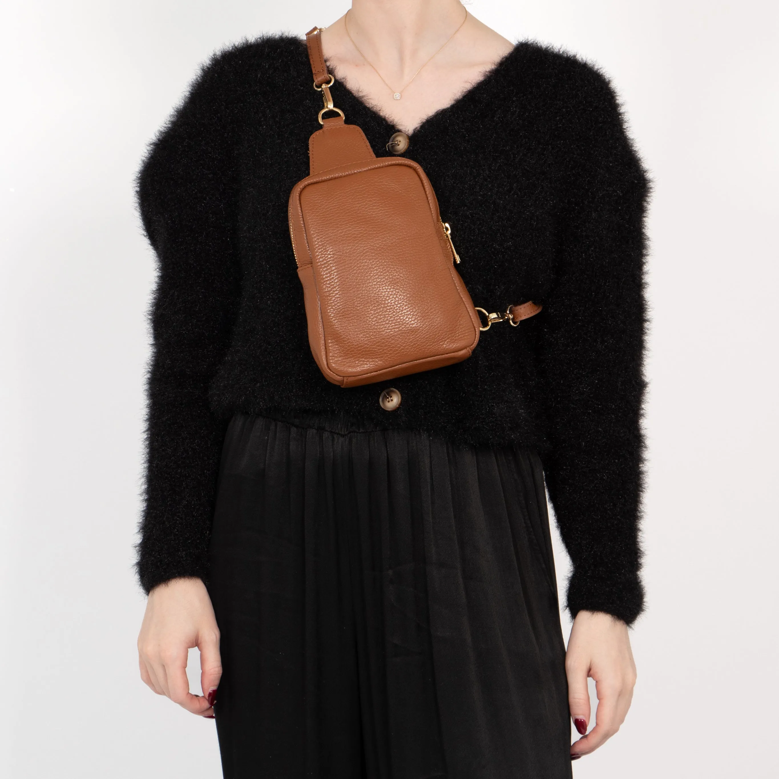 Tara - Italian Leather Sling Bag - Tan, Pebbled