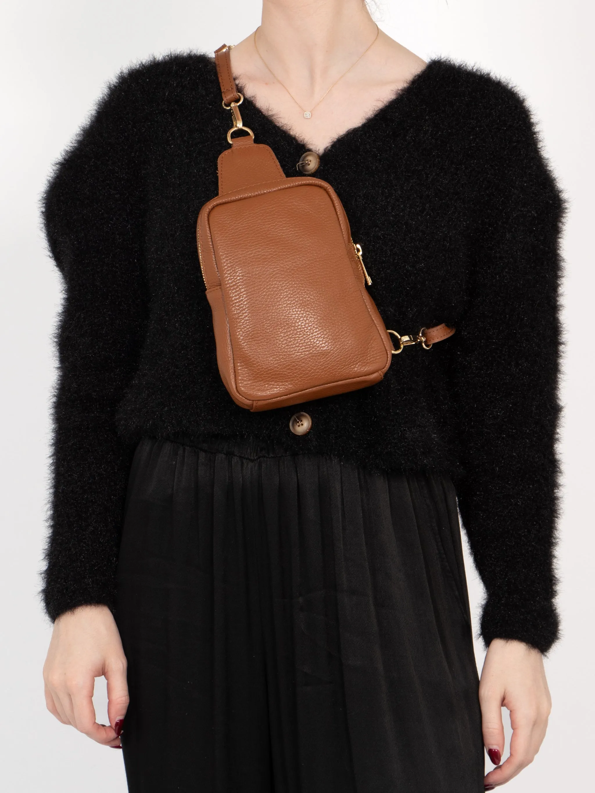 Tara - Italian Leather Sling Bag - Tan, Pebbled