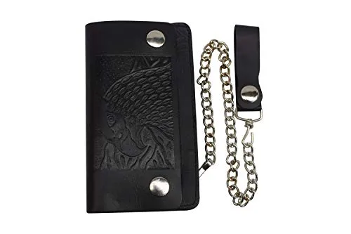 Trifold Biker's Large Wallet ID Card Holder With Chain Genuine Leather