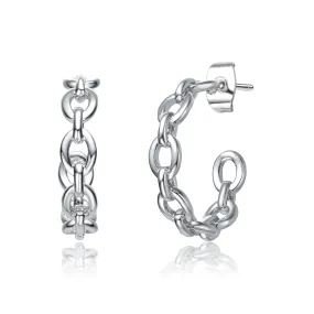 White Gold Plated Sterling Silver Modern Chain Link C-Hoop Earrings